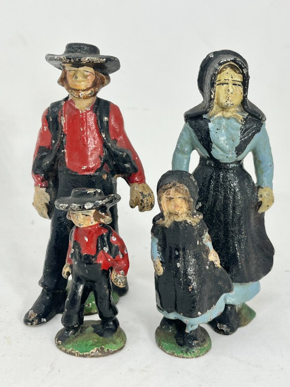 Vintage Cast Iron Amish Family Lot of 4 Hand Painted Figurines Dollhouse Rustic